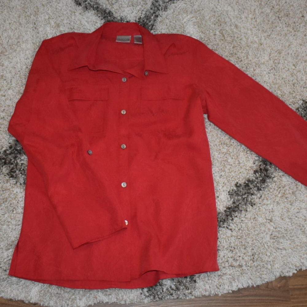 Chico's Silk Red Button Down Long Sleeve Shirt